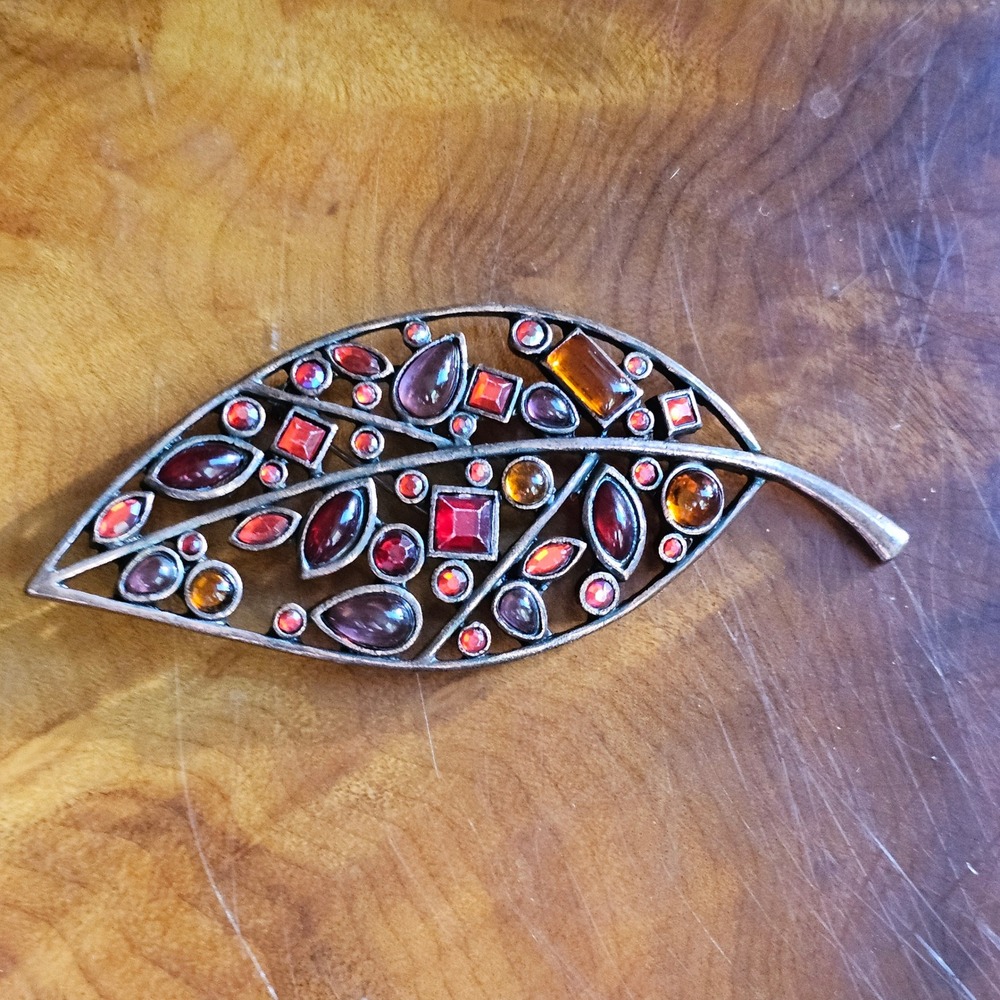 Vtg Leaf Brooch Pin Red Orange Copper Tone Rhinestone Autumn Fall Statement - Picture 15 of 15